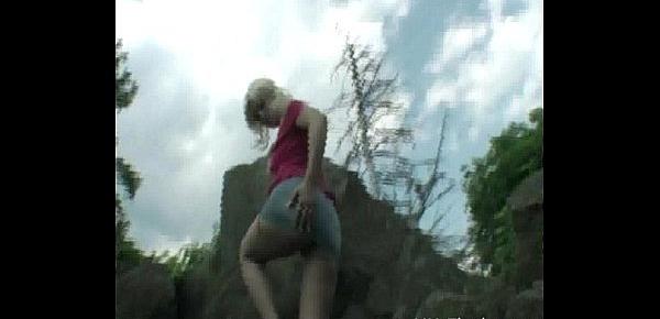  Teen blonde flashers outdoor striptease of young amateur exhibitionist Emma show